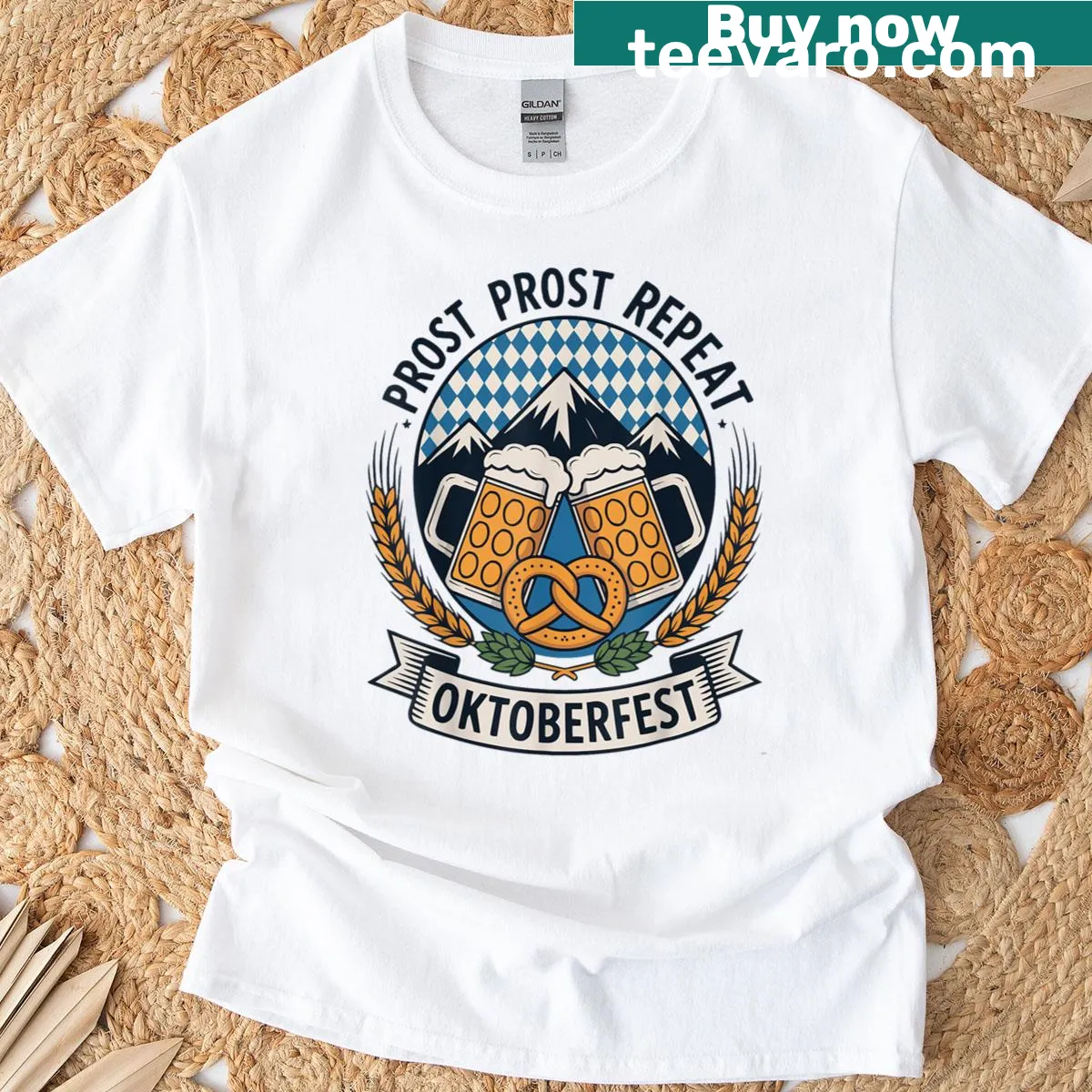 Oktoberfest T-shirt with 'Prost Prost Repeat' text and pretzels — on a men's t-shirt