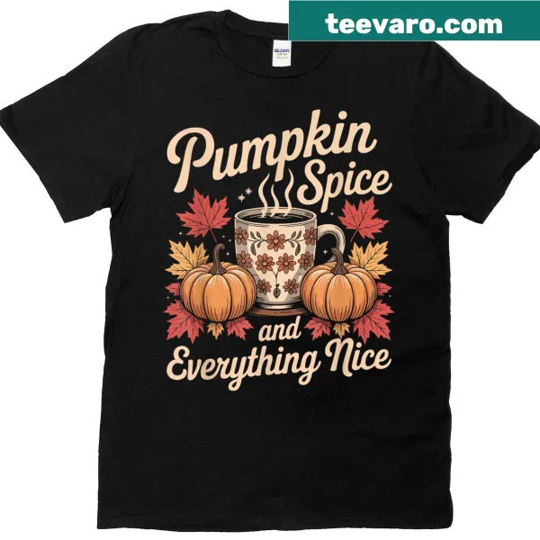 Autumn-themed shirt with pumpkin spice coffee graphic