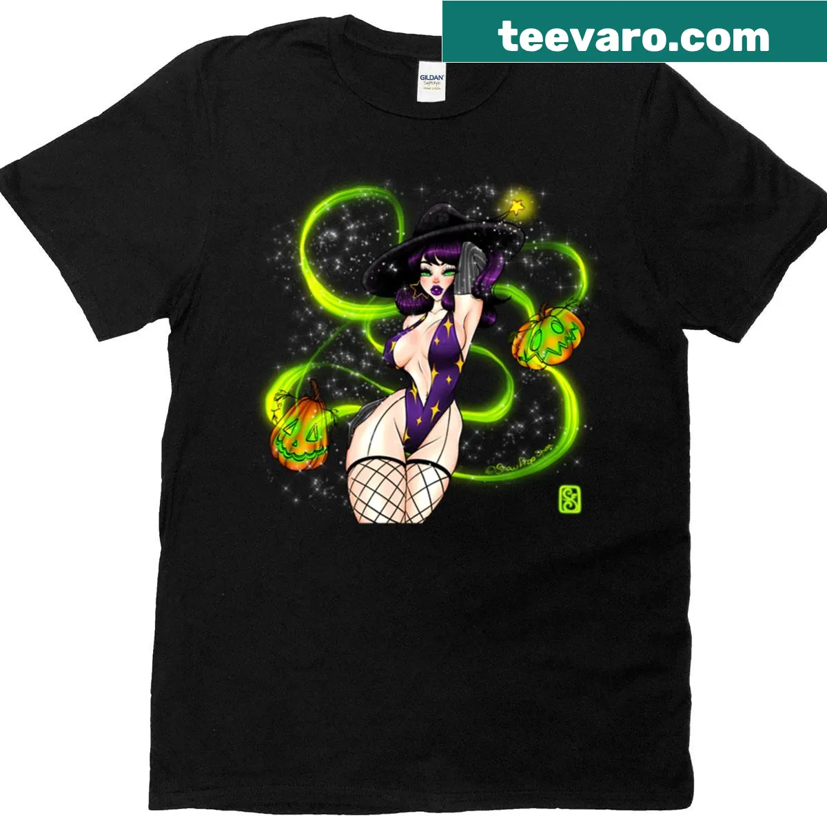Oversized T-shirt with a whimsical pumpkin witch design — on a men's t-shirt