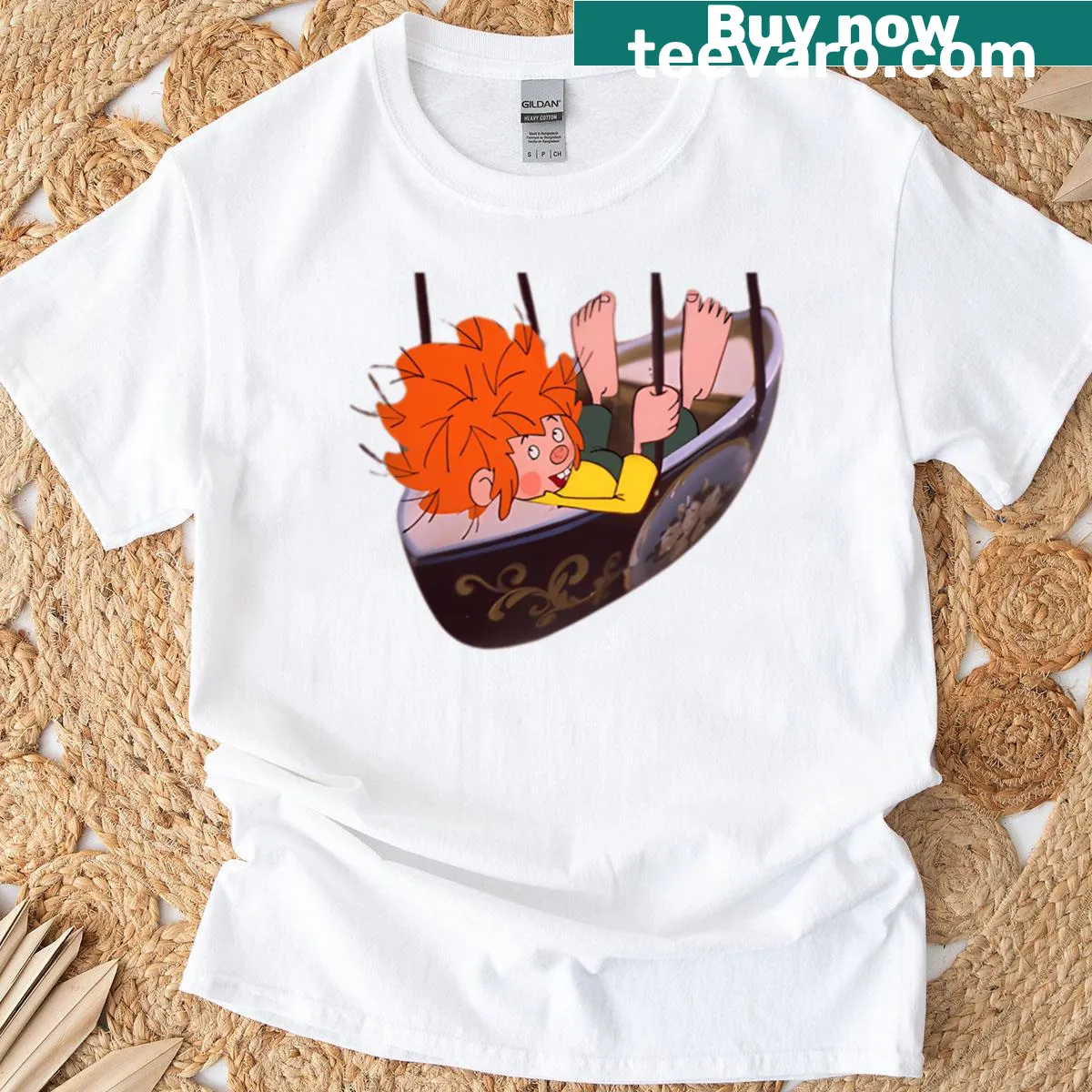 Vintage-style T-shirt featuring a design inspired by Pumuckl, the beloved sprite. — on a men's t-shirt