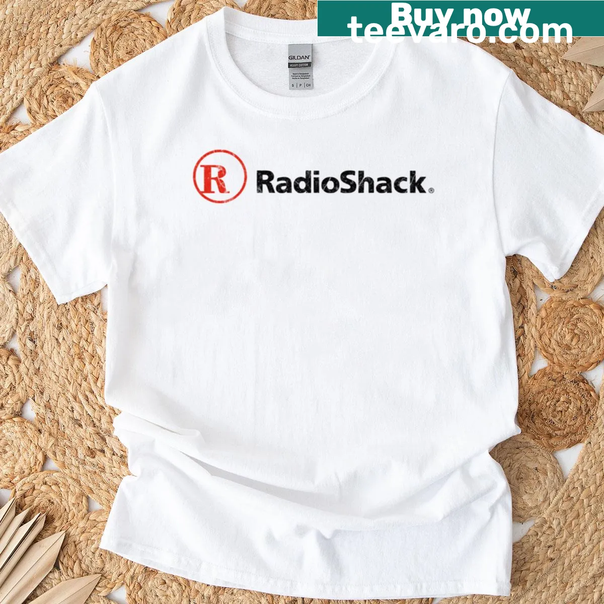 Vintage Radio Shack logo printed on a distressed t-shirt — on a men's t-shirt