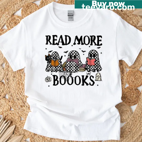 Spooky teacher shirt featuring a ghost and books with a reading message