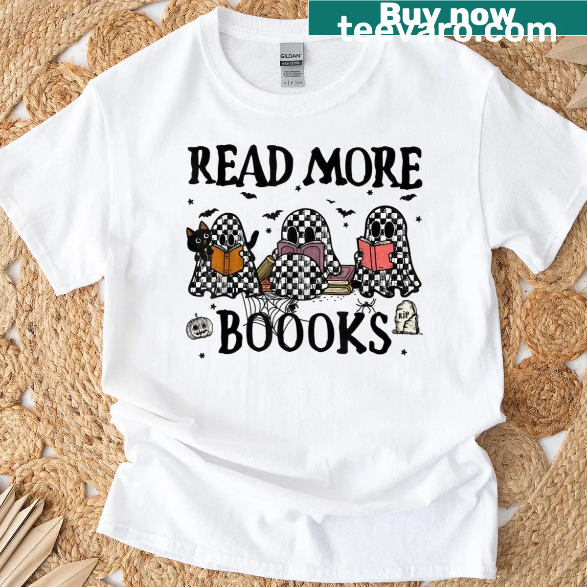Spooky teacher shirt featuring a ghost and books with a reading message — on a men's t-shirt