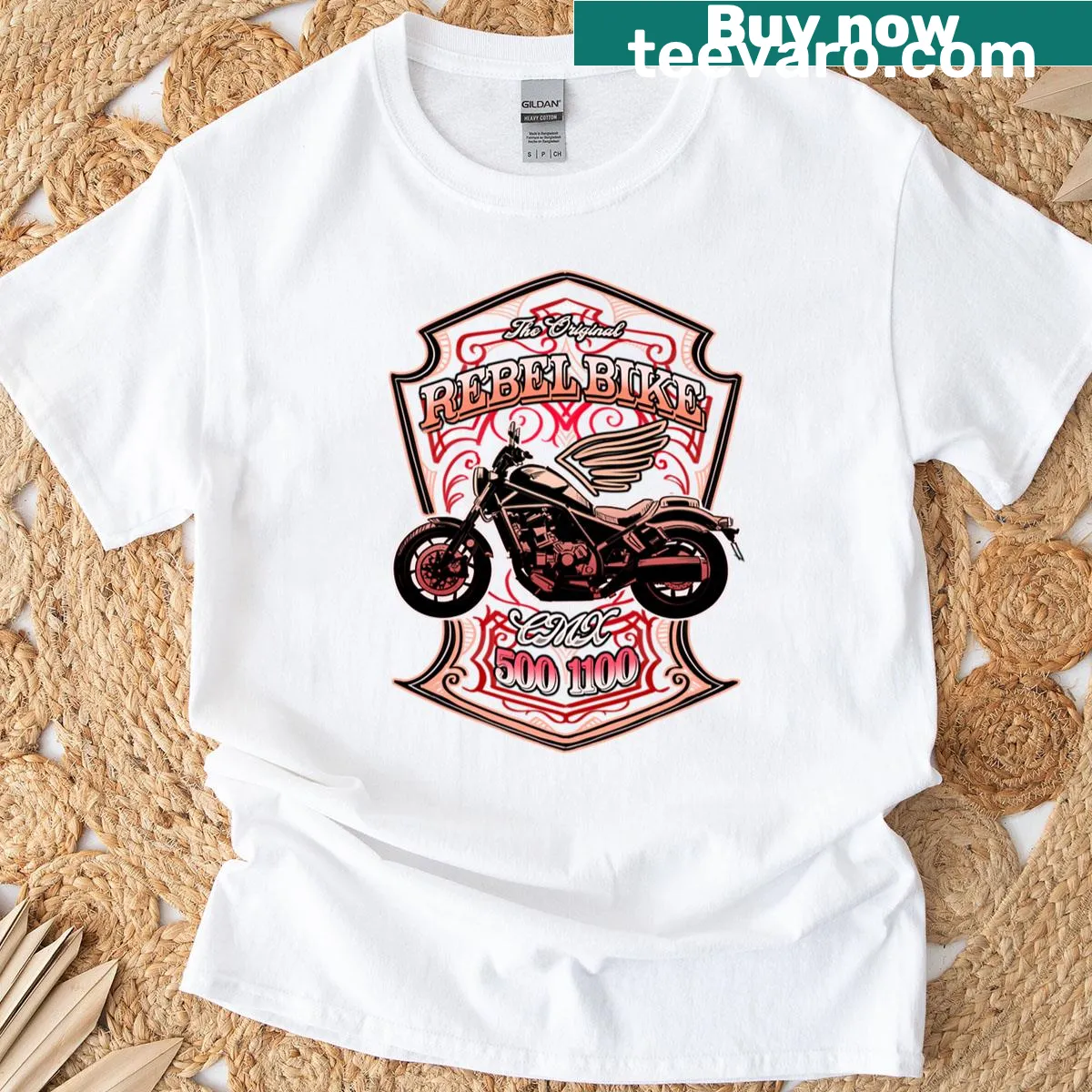 Rebel motorcycle t-shirt with bold typography and bike graphic — on a men's t-shirt