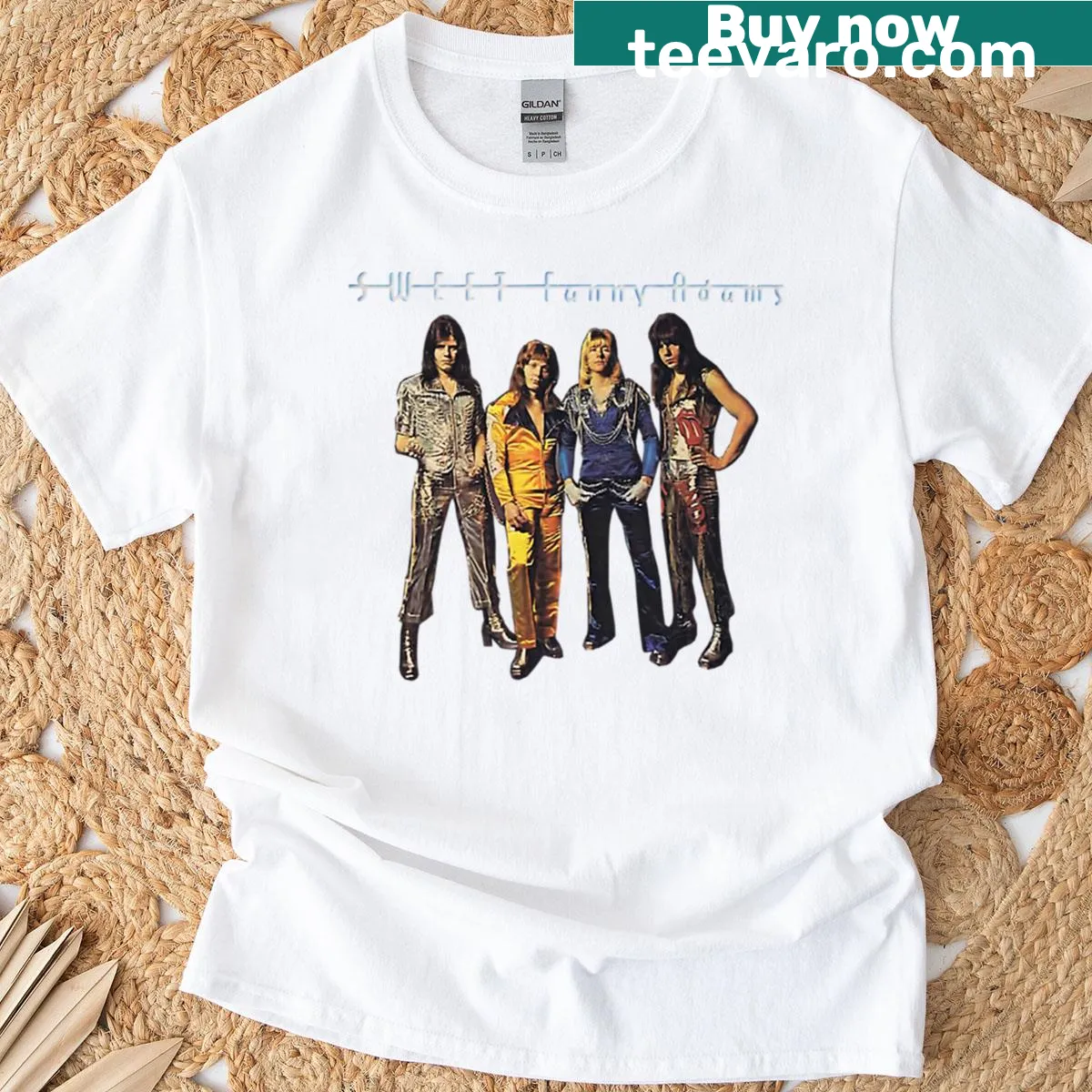 Typographic T-shirt celebrating The Sweet band — on a men's t-shirt