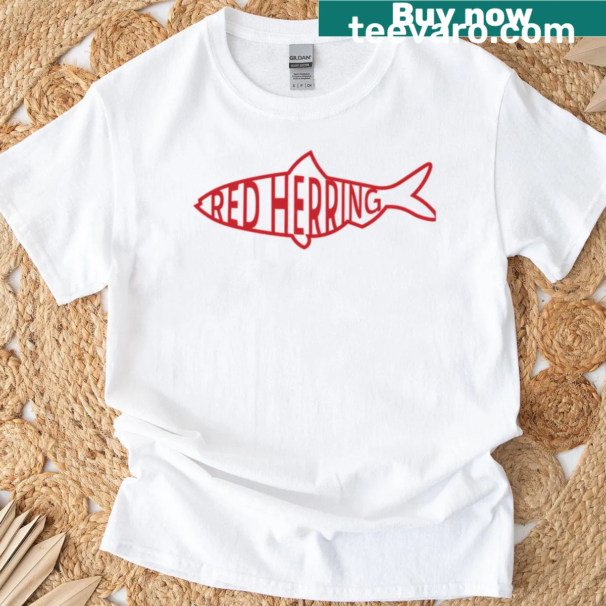 Playful shirt with humorous red herring design — on a men's t-shirt