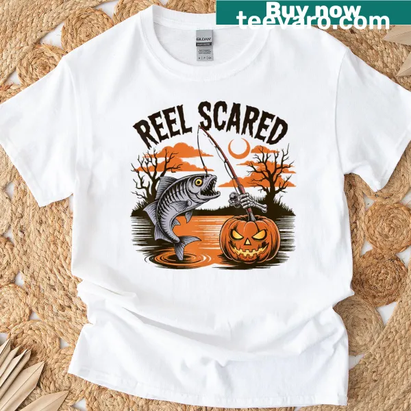 Halloween t-shirt featuring a spooky skeleton bass fish illustration