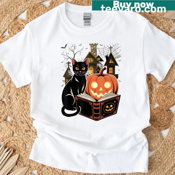 Black cat reading a vintage Halloween book in a retro style