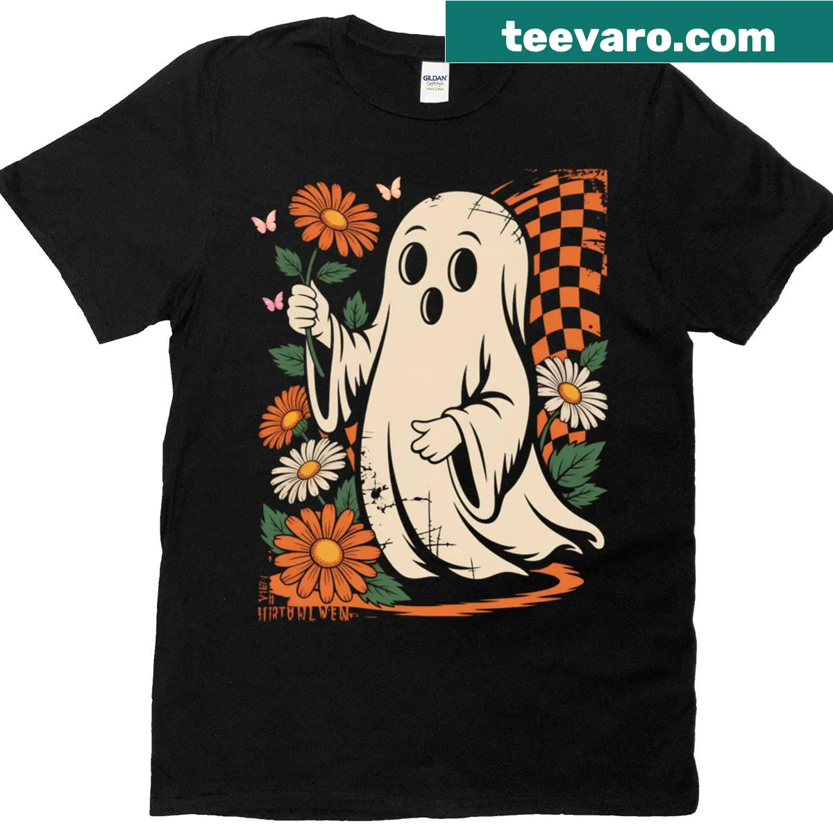 Floral ghost Halloween T-shirt with cute illustration — on a men's t-shirt