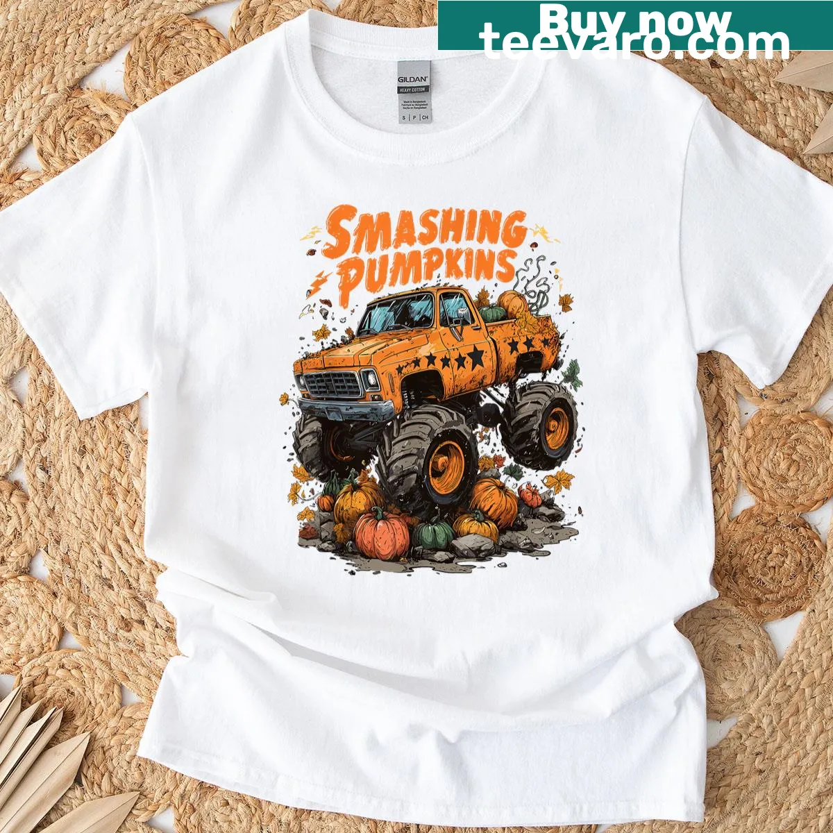 Monster truck crushing pumpkins in a funny Halloween design — on a men's t-shirt