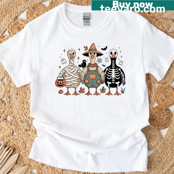 Halloween t-shirt with a mummy scarecrow skeleton duck illustration