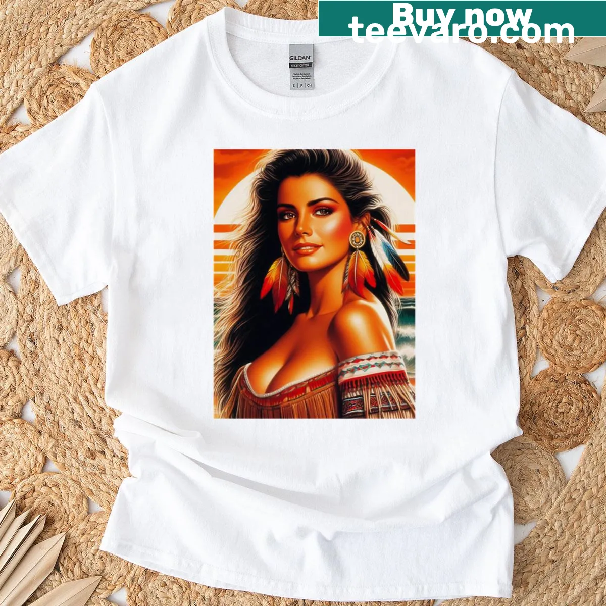 Illustrated T-shirt featuring a Retro Native Girl design — on a men's t-shirt
