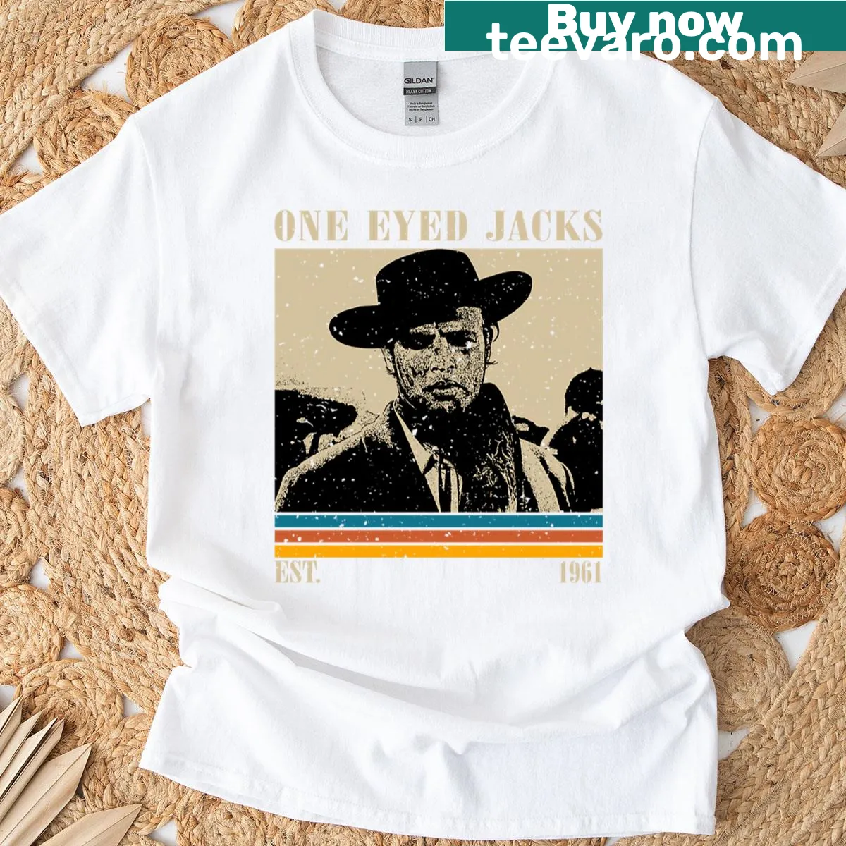 Retro T-shirt featuring design inspired by One Eyed Jacks — on a men's t-shirt