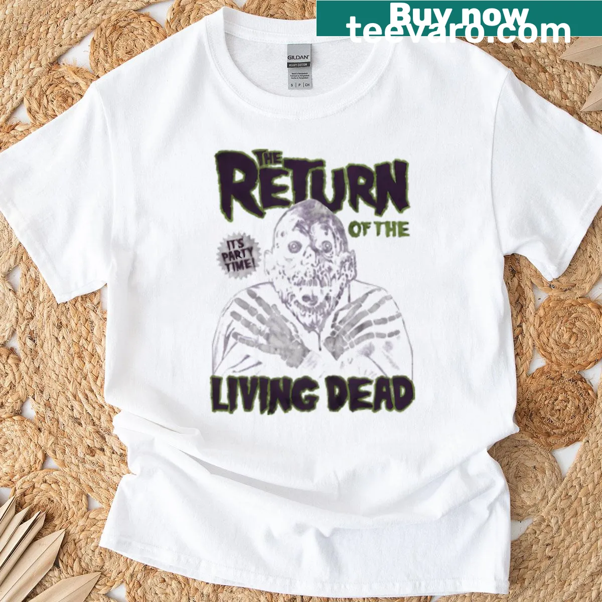 Illustrated t-shirt featuring Tarman and zombies from Return of the Living Dead — on a men's t-shirt