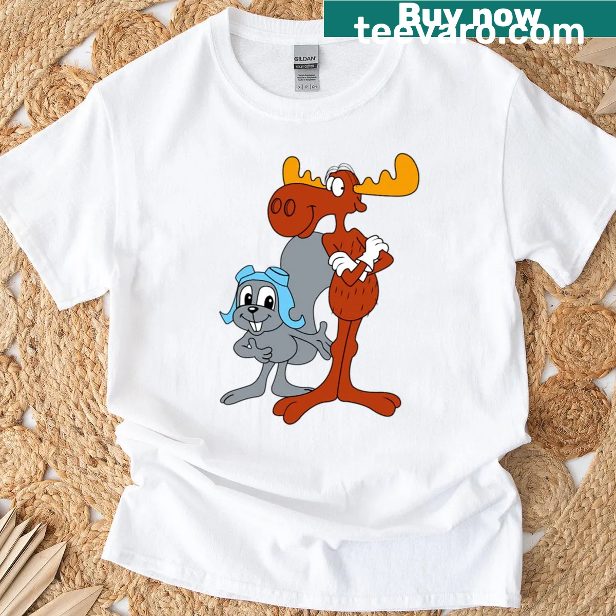 Cartoon design featuring Rocky and Bullwinkle characters — on a men's t-shirt