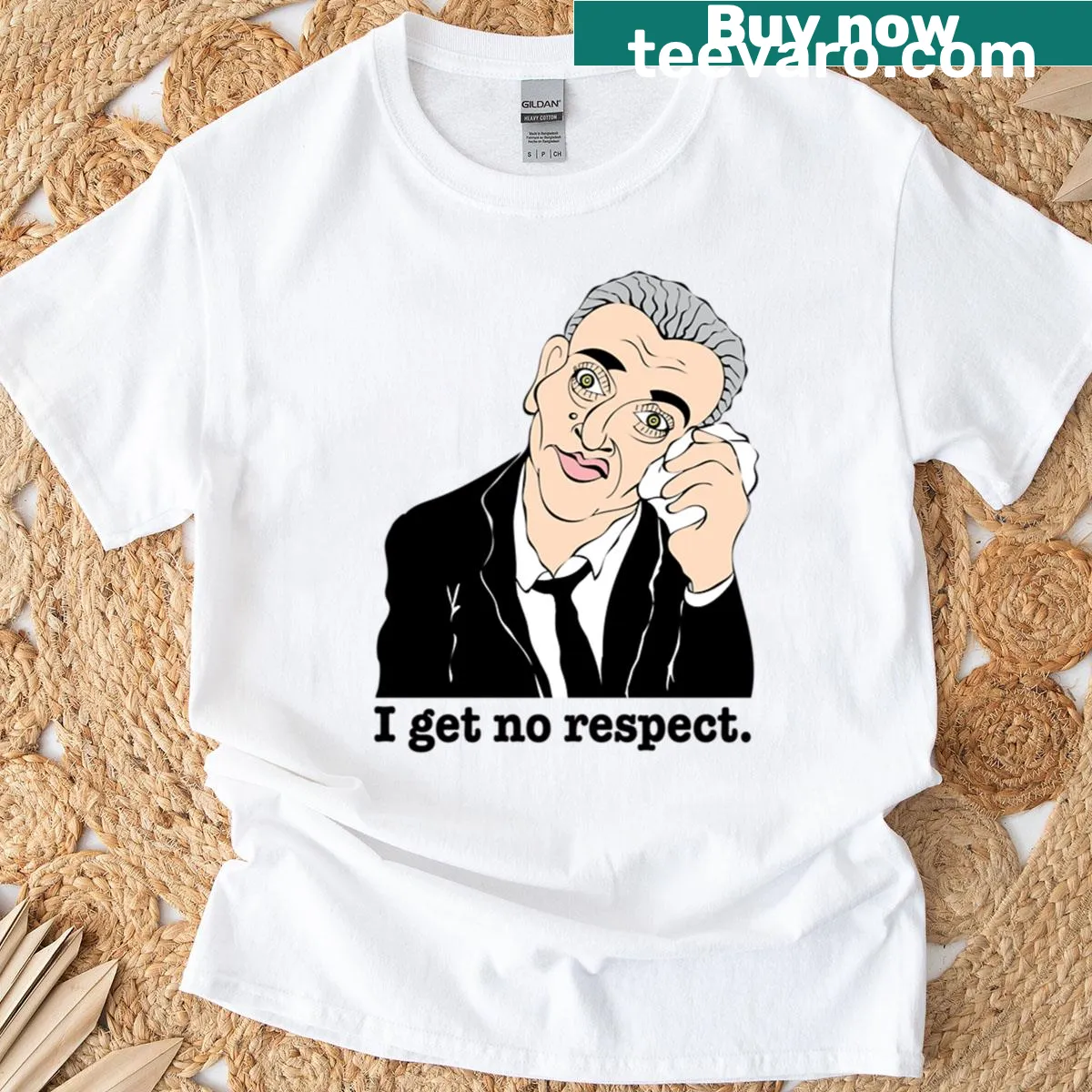 Fan art T-shirt featuring Rodney Dangerfield's humorous illustration — on a men's t-shirt