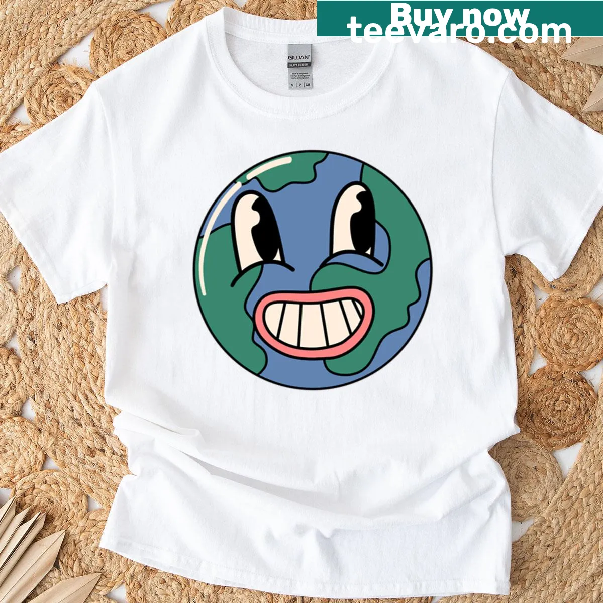 Graphic T-shirt featuring a playful Rubberhose Earth design — on a men's t-shirt