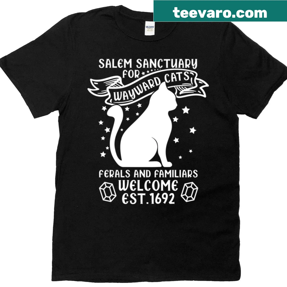 Funny Halloween t-shirt with text about Salem Sanctuary for black cats — on a men's t-shirt