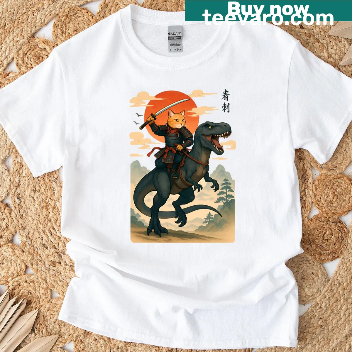 Cartoon samurai cat riding a dinosaur graphic — on a men's t-shirt