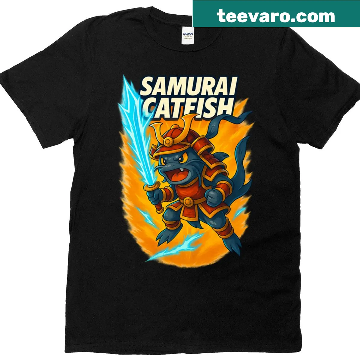 Anime style T-shirt featuring a samurai catfish with a neon blade — on a men's t-shirt