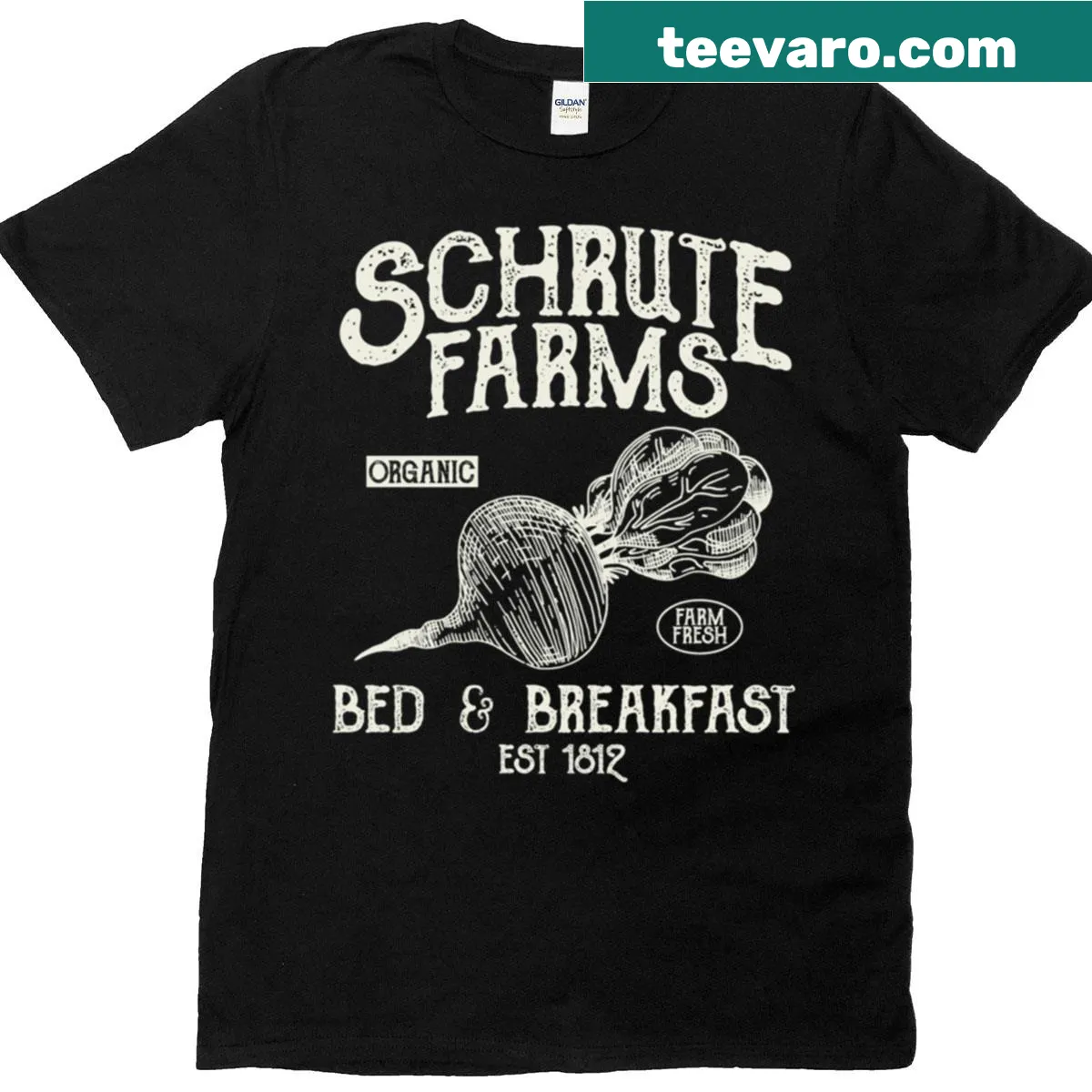 Fitted T-shirt with a vintage-distressed Schrute Farms design — on a men's t-shirt