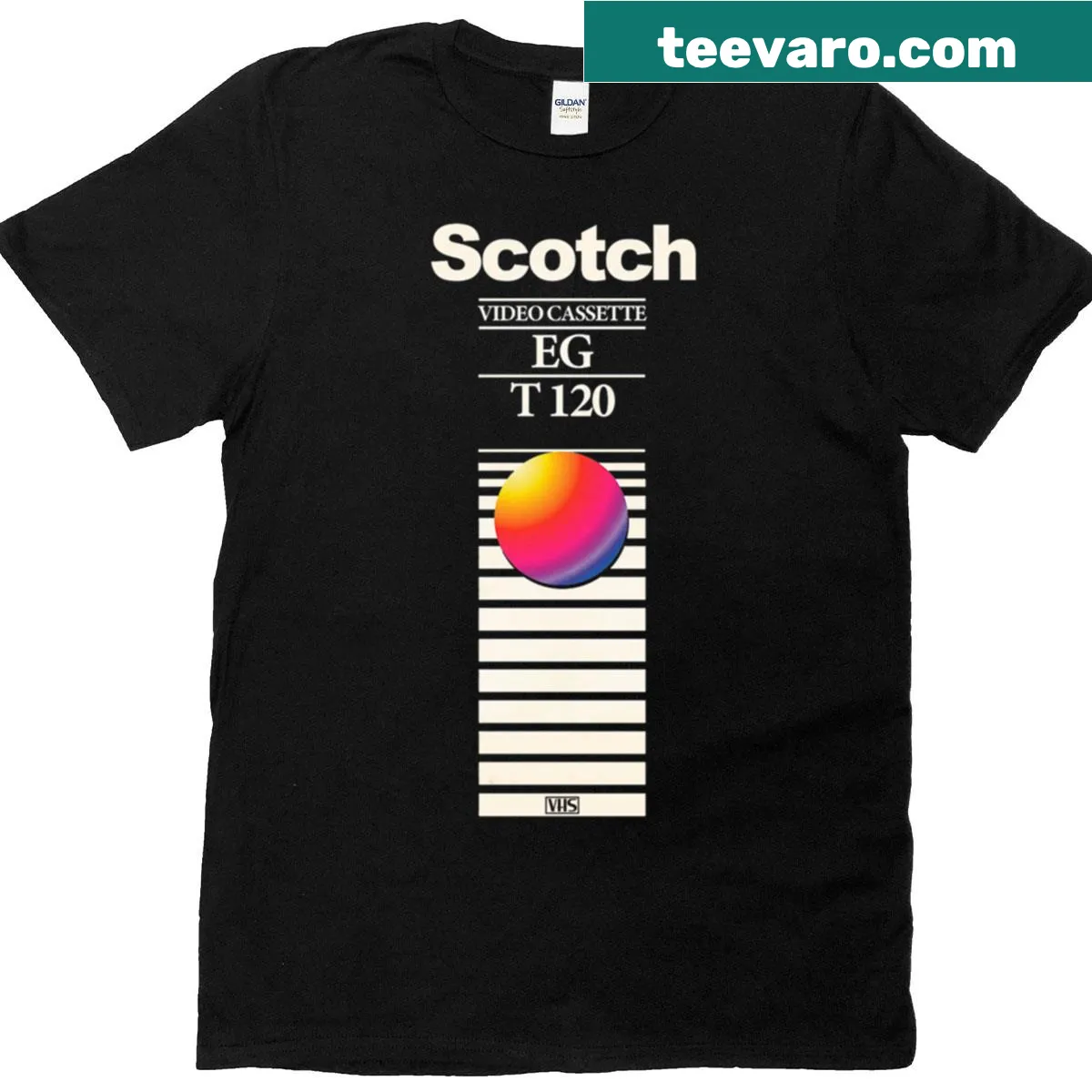 Retro 90s VHS cover style Scotch t-shirt design — on a men's t-shirt