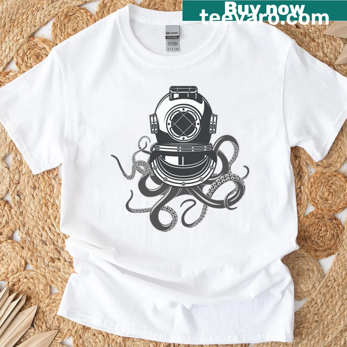 Vintage designer t-shirt featuring scuba diver helmet and octopus graphic — on a men's t-shirt