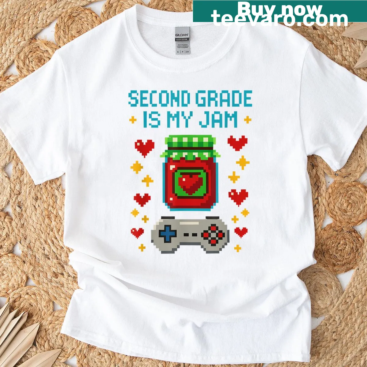 Pixel art T-shirt celebrating second grade with retro gaming theme — on a men's t-shirt