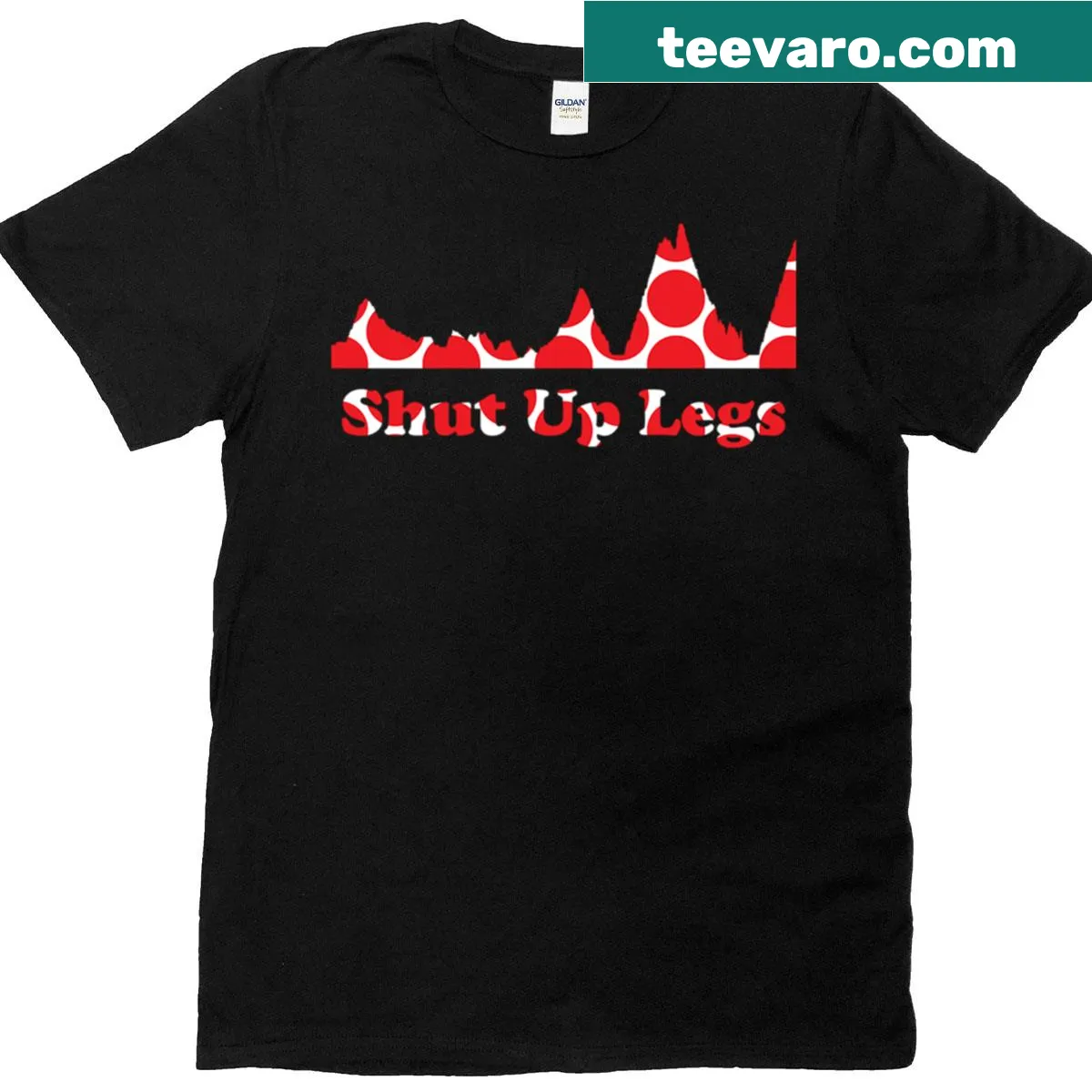 Humorous shirt with mountain profile and 'Shut Up Legs' text design — on a men's t-shirt