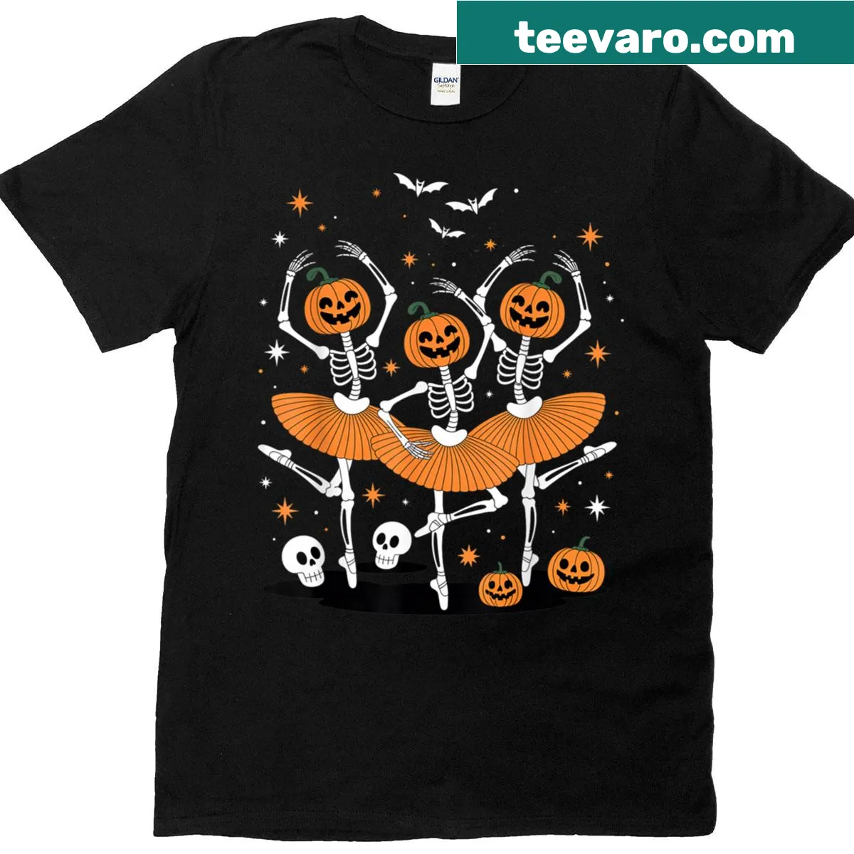 Skeleton ballerina graphic on a Halloween-themed t-shirt — on a men's t-shirt