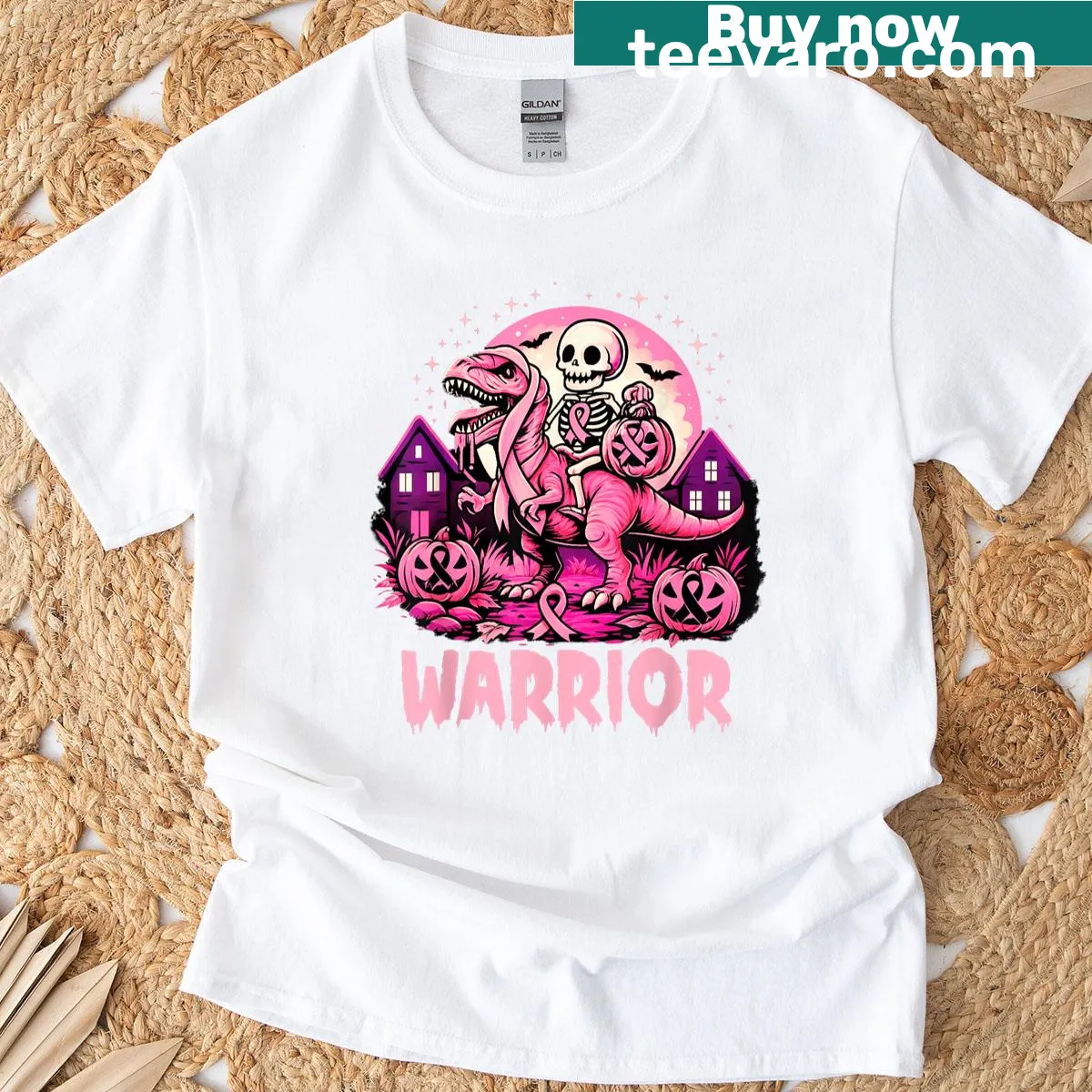 T-shirt featuring a skeleton T-Rex and pumpkins for breast cancer awareness — on a men's t-shirt