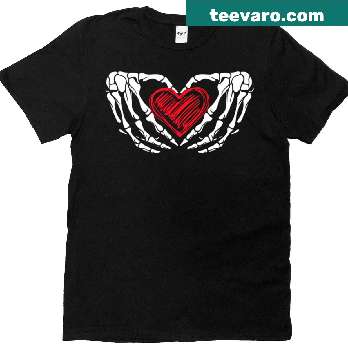 Skeleton hands forming a heart shape on oversized shirt — on a men's t-shirt