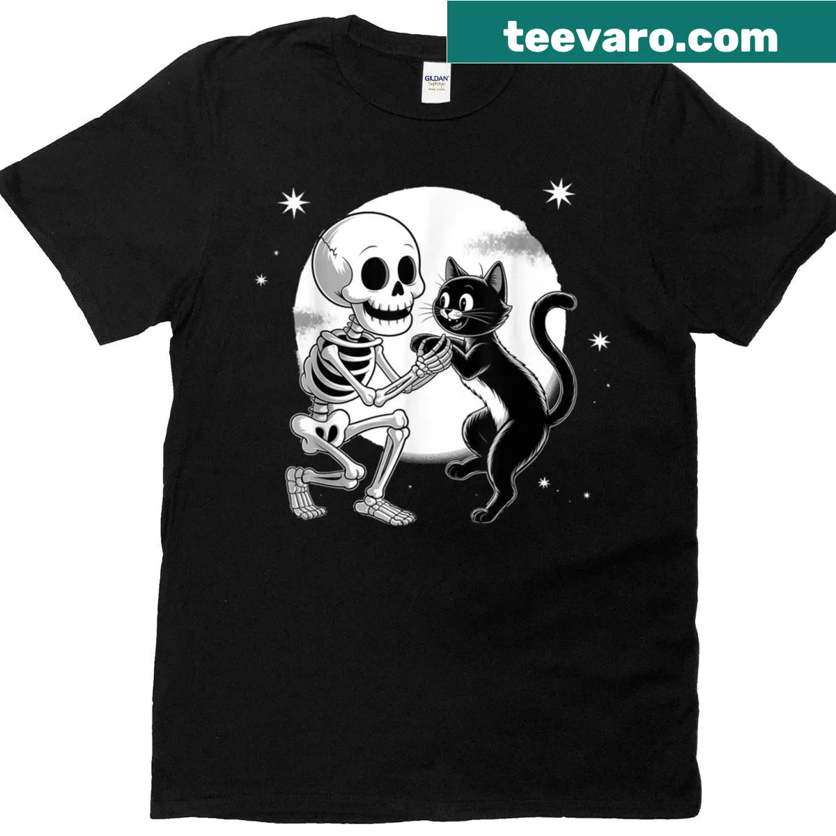 Skeleton hugging a black cat under a full moon for Halloween — on a men's t-shirt