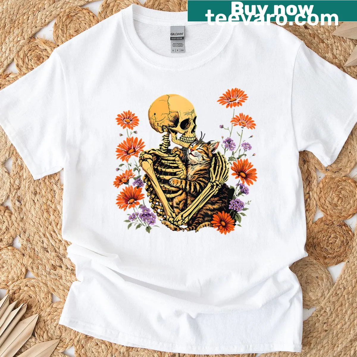 Cute skeleton hugging a cat with floral accents for Halloween — on a men's t-shirt