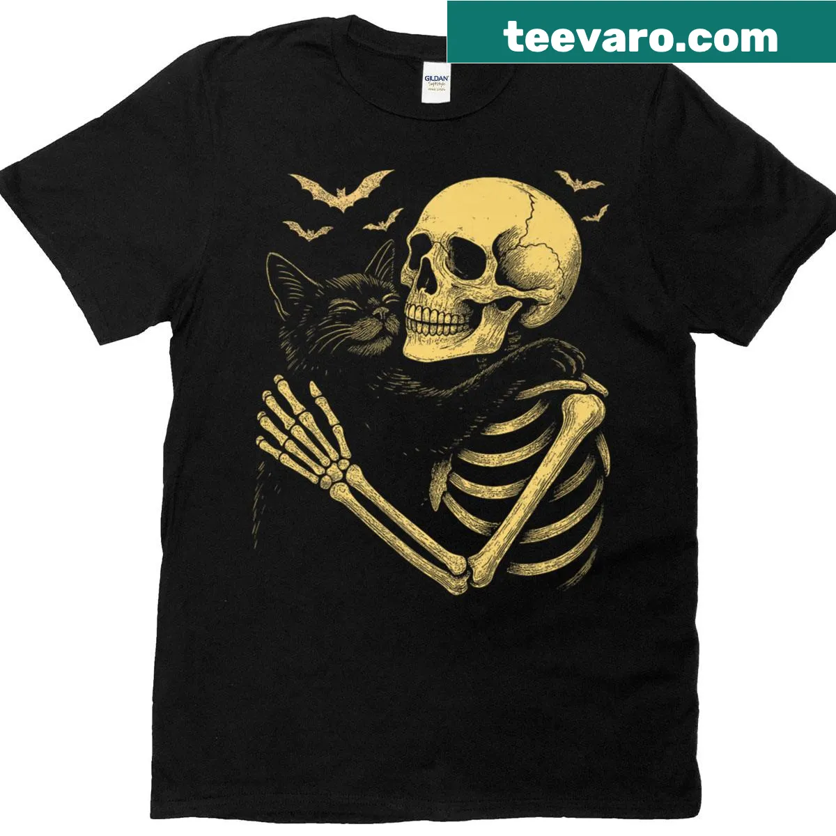 Halloween T-shirt featuring a skeleton ballerina in dance pose — on a men's t-shirt