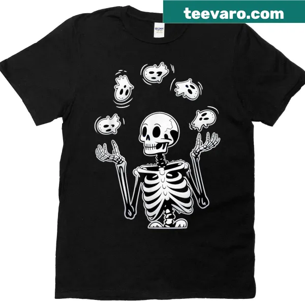 Skeleton juggling ghosts graphic on Halloween t-shirt