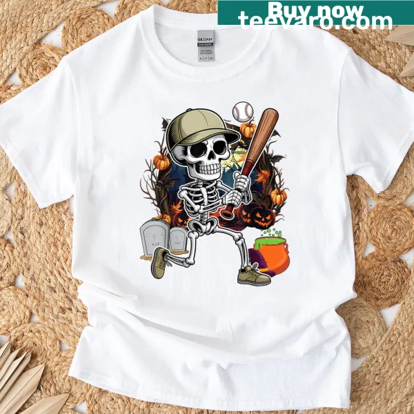 Cartoon skeleton playing baseball in a Halloween design T-shirt