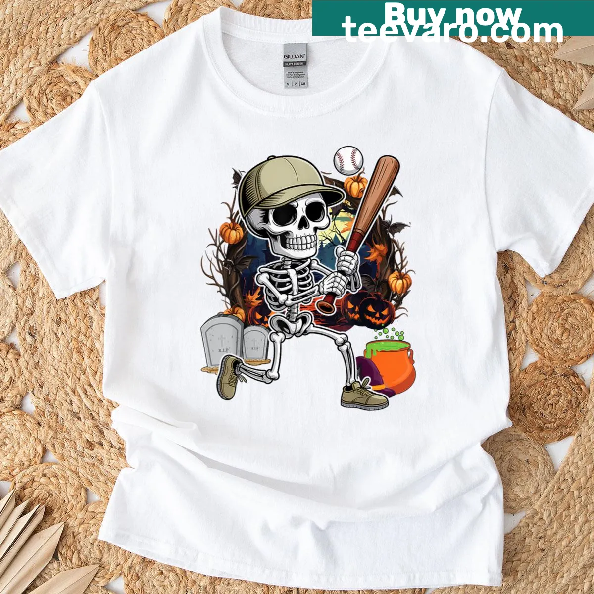 Cartoon skeleton playing baseball in a Halloween design T-shirt — on a men's t-shirt