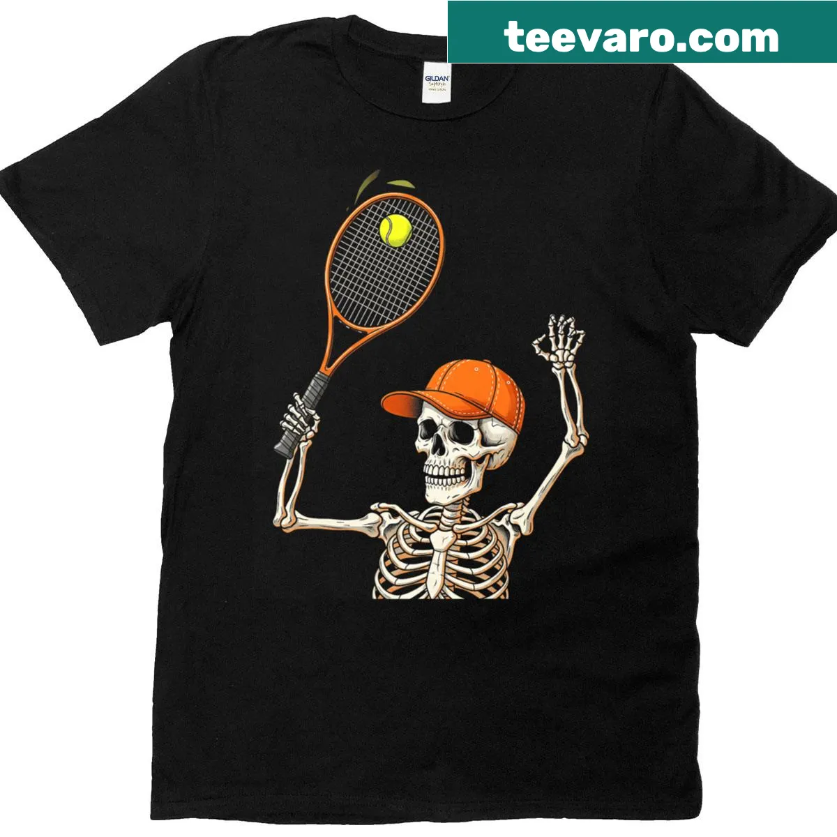Skeleton playing tennis graphic for Halloween with spooky elements — on a men's t-shirt
