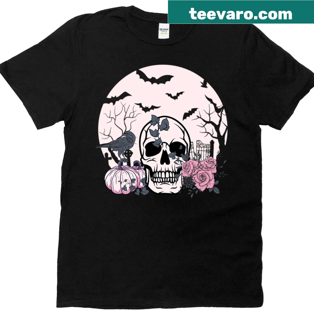 Skull surrounded by roses and pumpkins on Halloween t-shirt — on a men's t-shirt