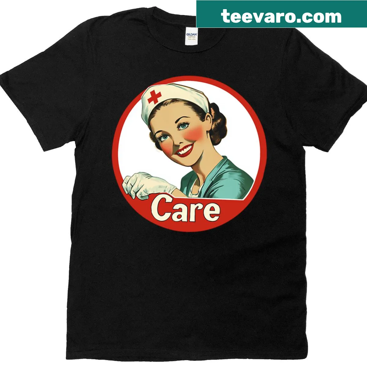 Vintage-style t-shirt featuring a smiling nurse graphic with 'With Care' text. — on a men's t-shirt