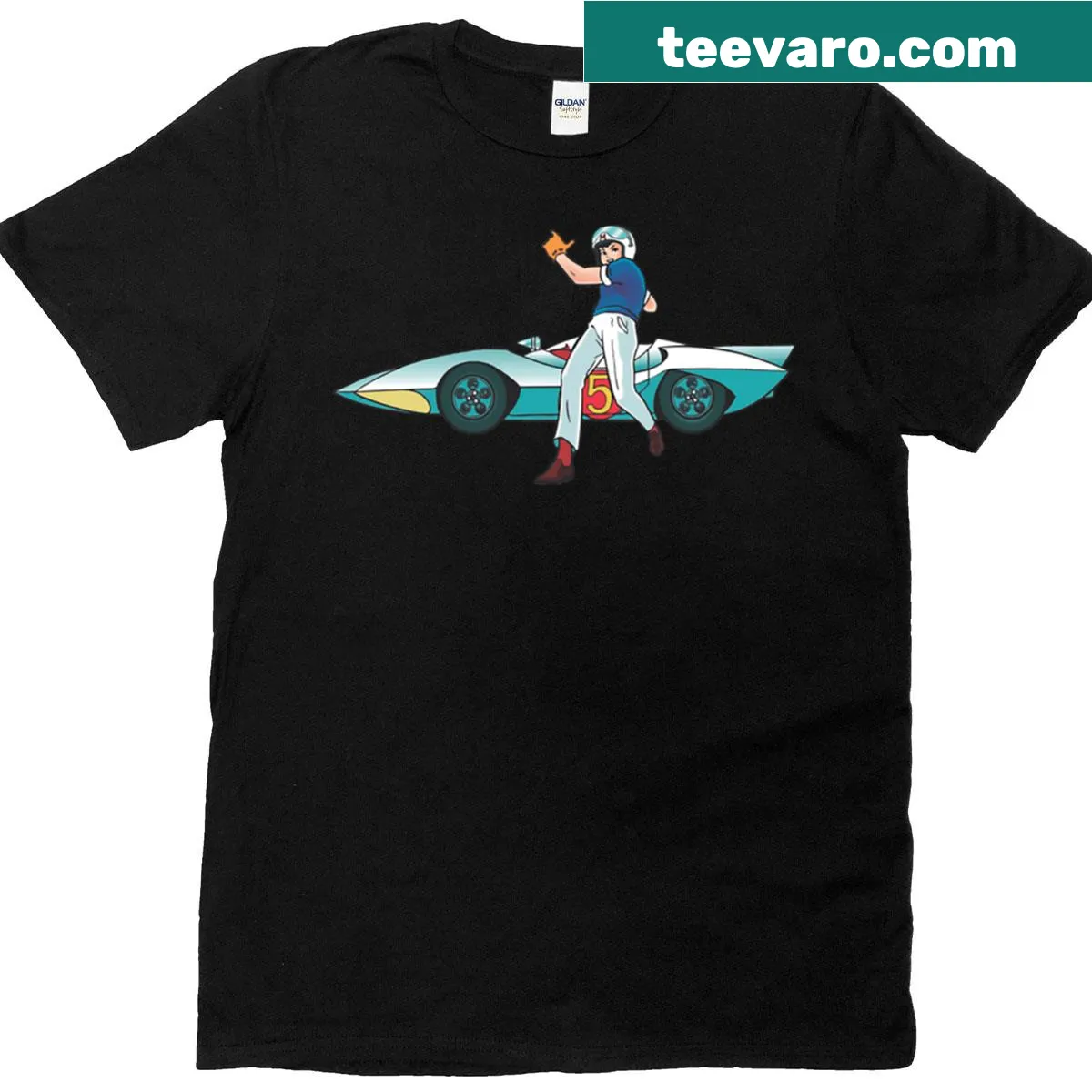Playful illustration of racing theme for Speed Racer t-shirt — on a men's t-shirt