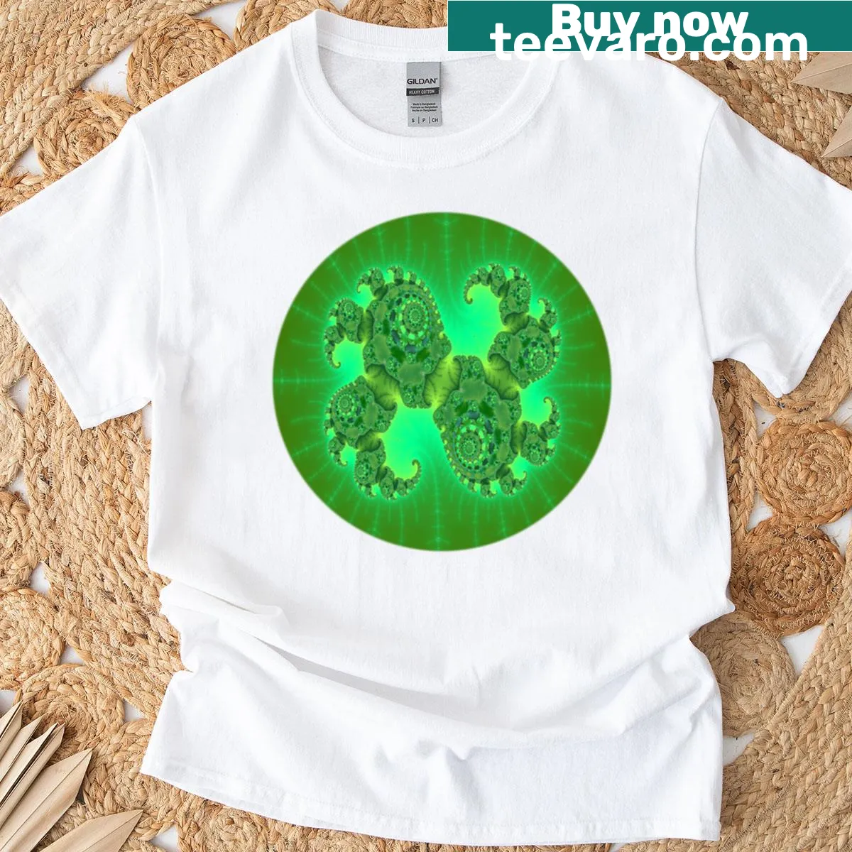 Spiral of elephants in green fractal art on a t-shirt — on a men's t-shirt