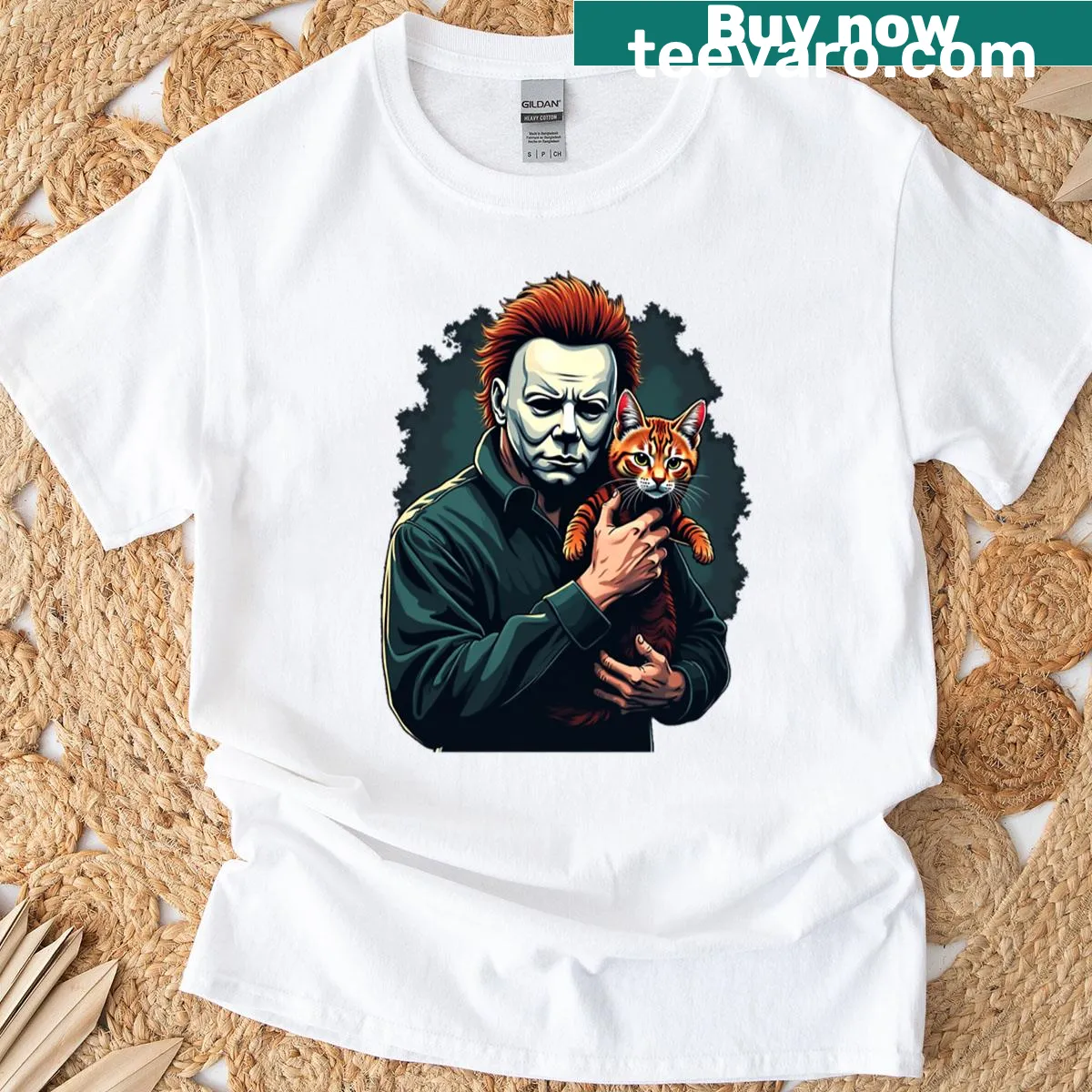 Cute Halloween-inspired shirt with cuddly cats in costumes — on a men's t-shirt