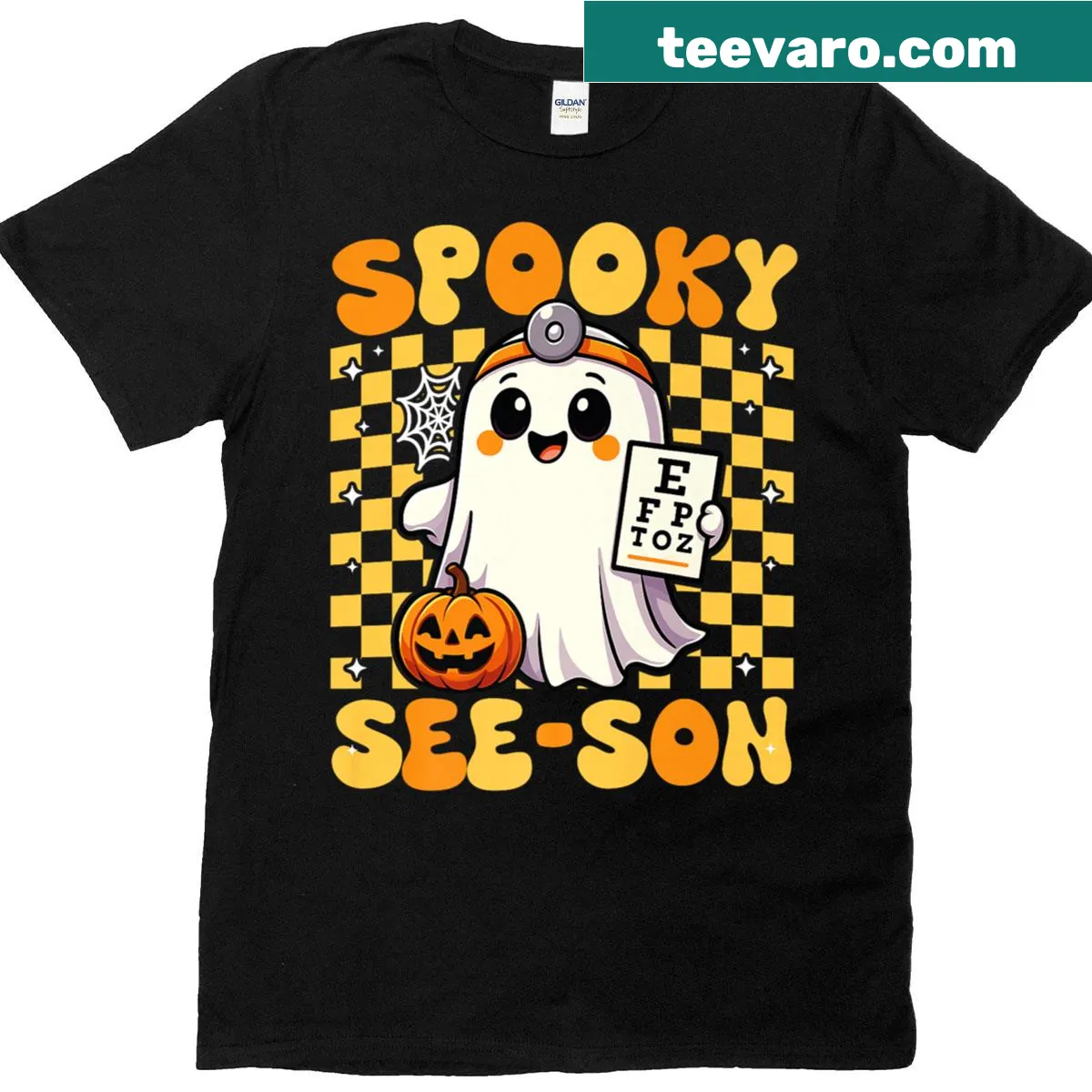 Funny optometry-themed Halloween T-shirt with typography design — on a men's t-shirt