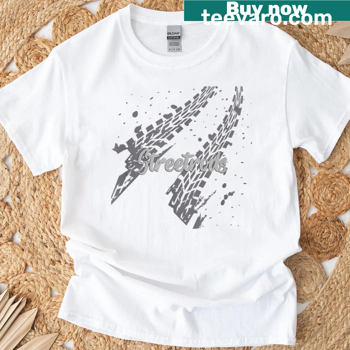 Hot rod tire tracks graphic T-shirt — on a men's t-shirt