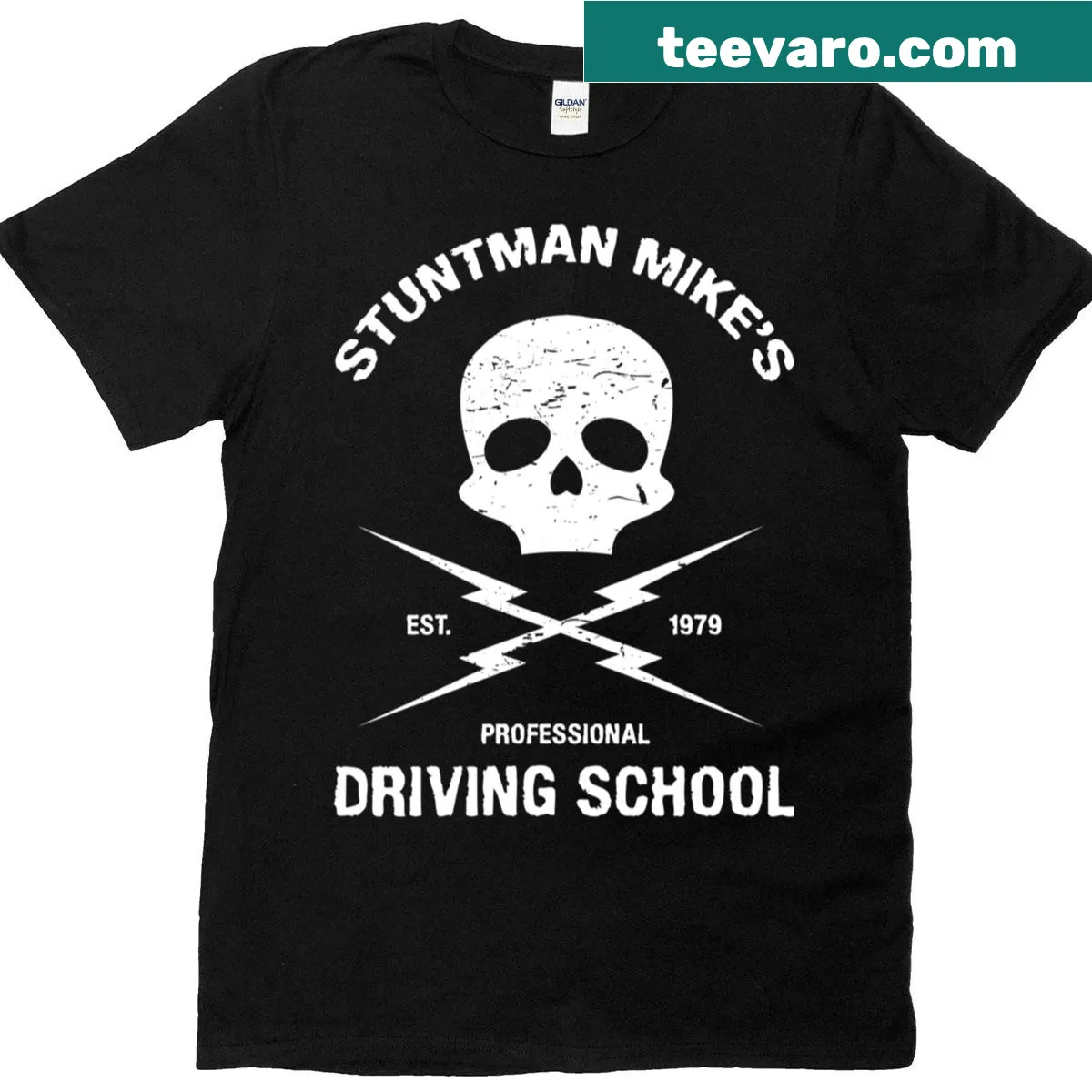Cartoon T-shirt featuring Stuntman Mike's Driving School — on a men's t-shirt
