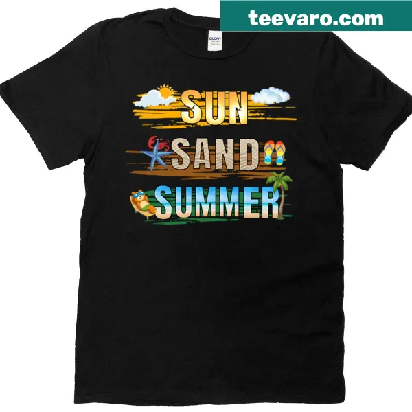 Summer-themed T-shirt featuring sun and sand illustrations