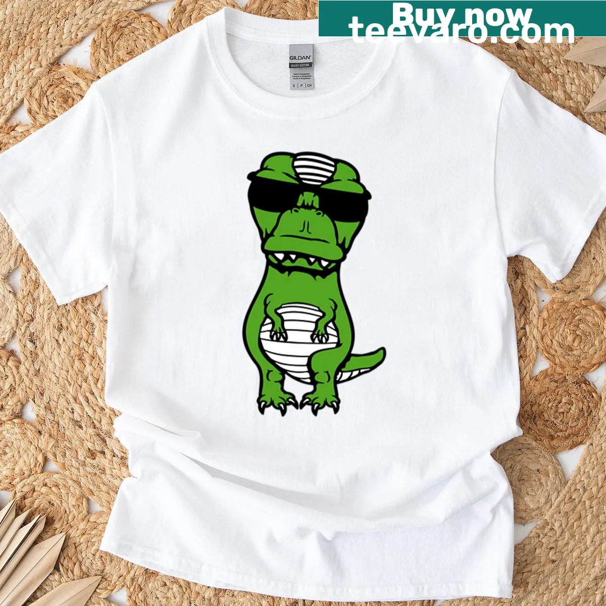 T-rex wearing sunglasses graphic T-shirt for kids — on a men's t-shirt