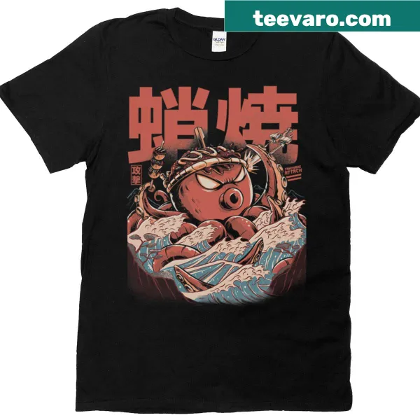 Whimsical takoyaki illustration on a black t-shirt